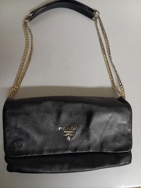 Prada Black Leather Shoulder Bag with Gold Chain